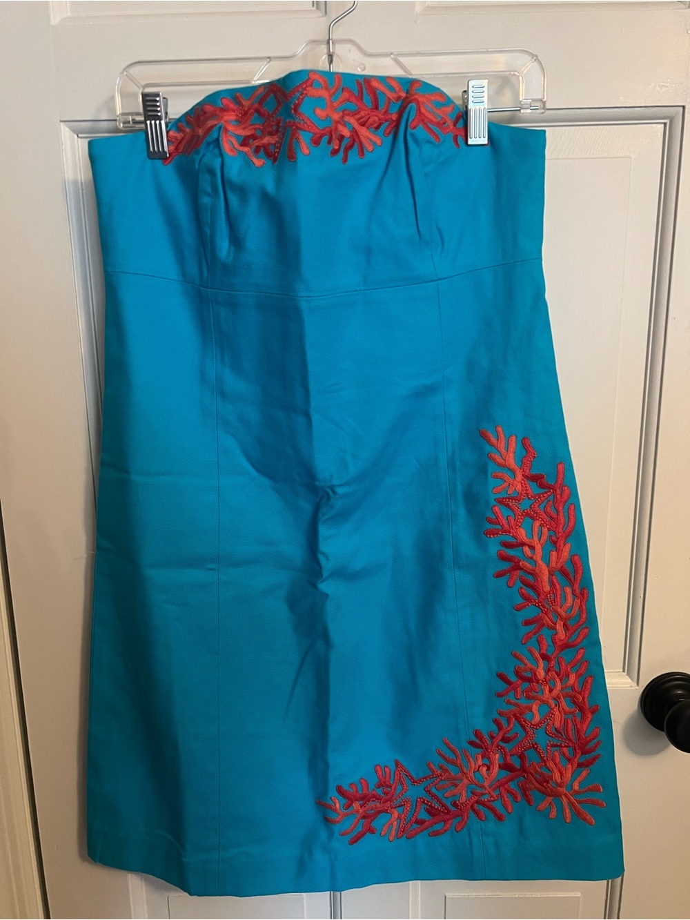Lilly Pulitzer Turquoise Strapless Cover-Up with Coral Red Embroidery